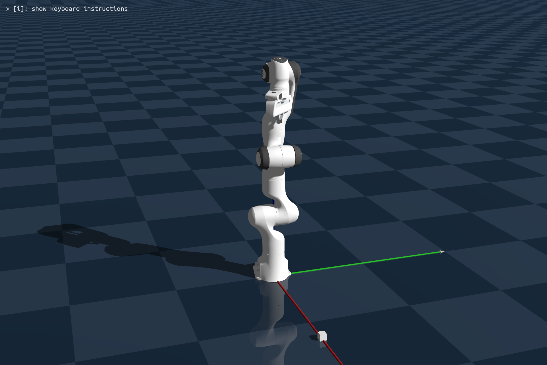 A Franka arm positioned above a small cube on the ground plane, viewed in the Genesis World viewer.