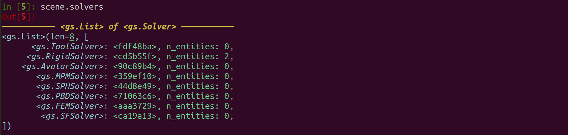 IPython repr of scene.solvers rendered as a gs.List of physics solvers
