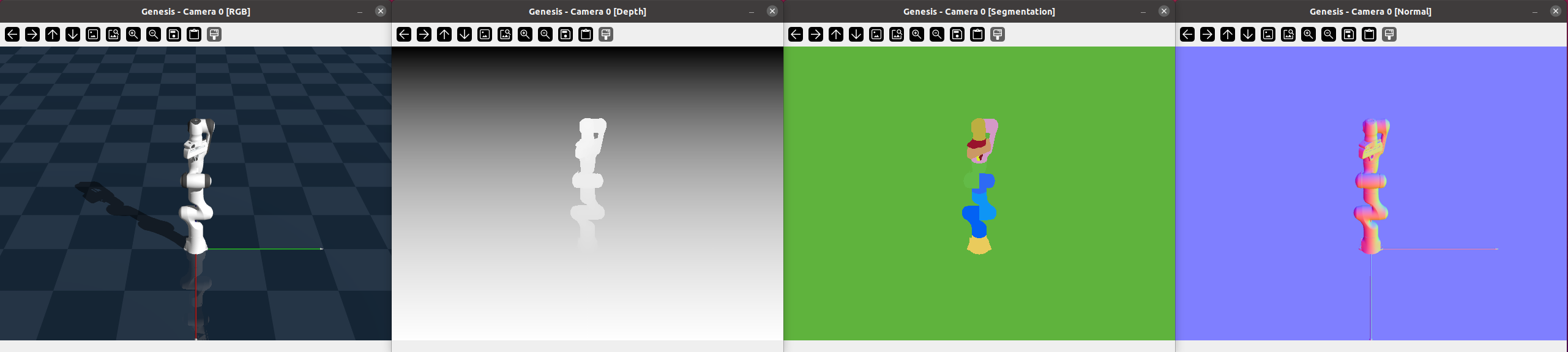 The Franka scene rendered four ways: color, depth, segmentation mask, and surface normals